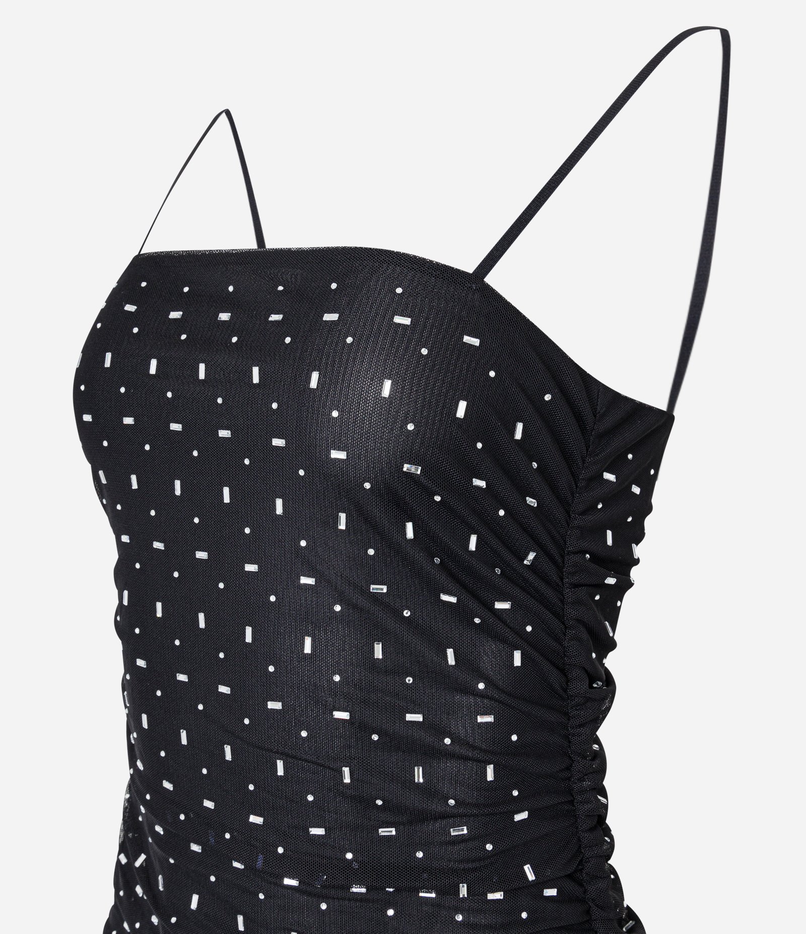 Vestido Curto em Tule Metalizado Franzidos Laterais e Brilhos Aplicados Preto 6