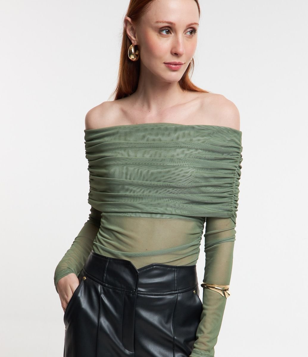 Blusa Ombro a Ombro em Tule com Detalhes Drapeados Verde - Renner