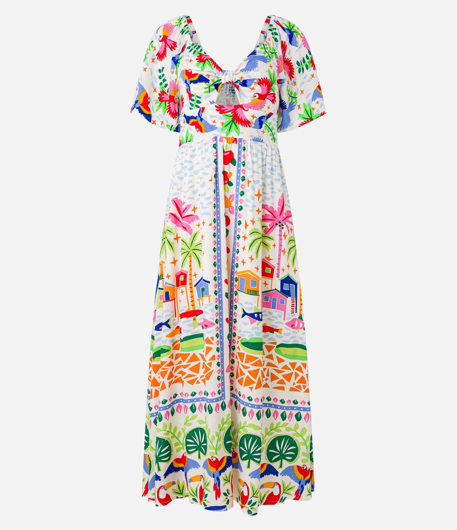 Vestido New Midi em Viscose com Recorte no Busto e Estampa Paisagens Bege 5