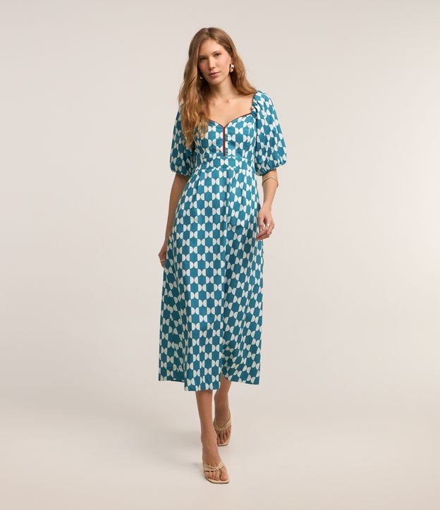 Vestido Midi em Tricoline com Decote Coração e Estampa Geométrica