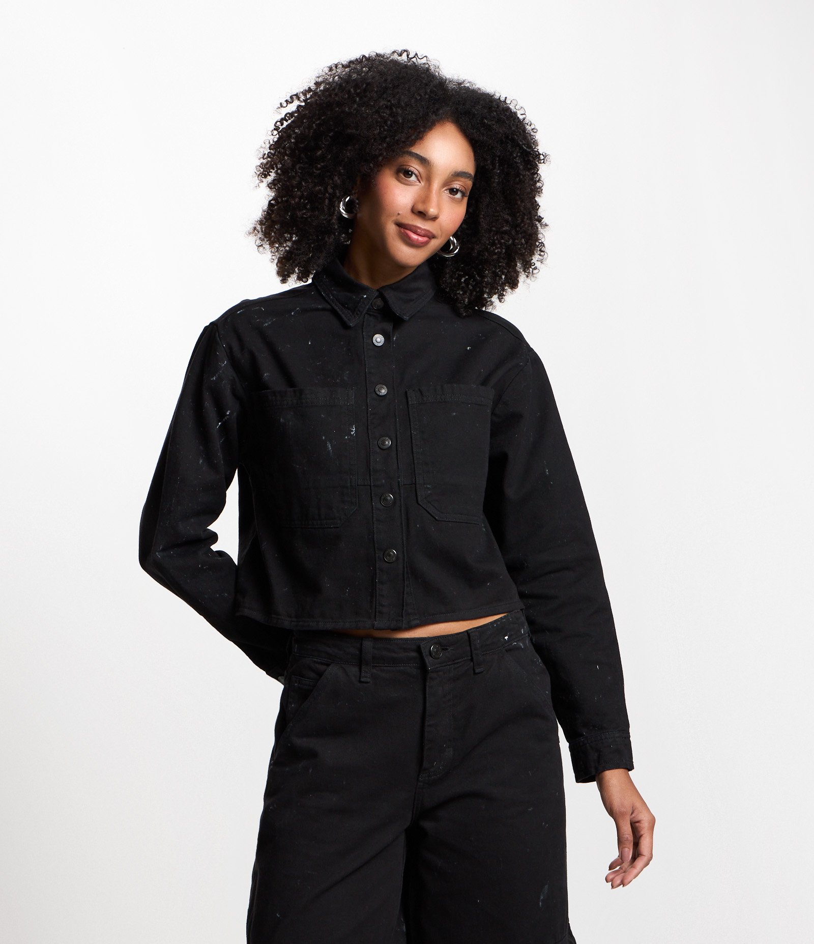 Jaqueta Cropped em Sarja com Manchinhas Preto 1