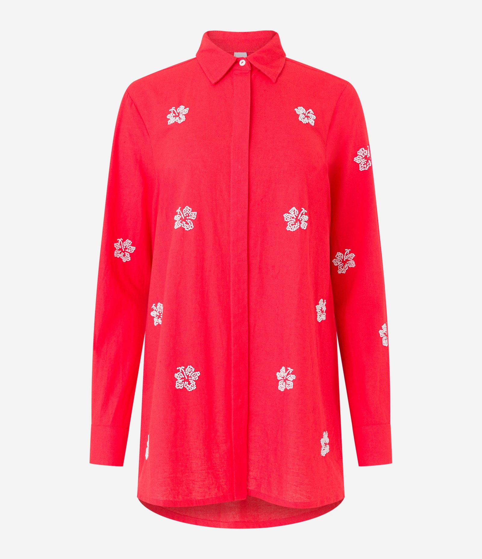 Camisa Alongada em Viscose e Linho com Flores Bordadas em Miçangas Vermelho 5