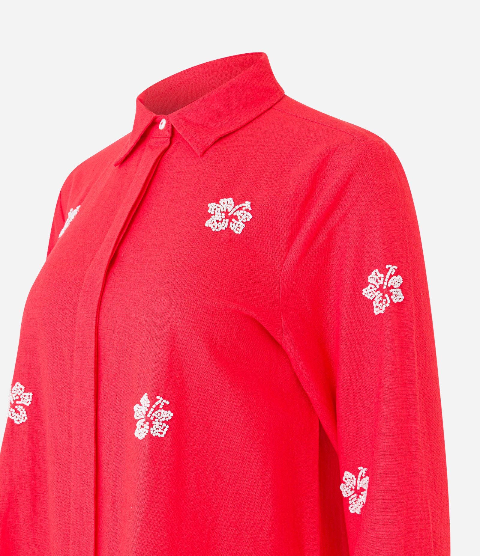 Camisa Alongada em Viscose e Linho com Flores Bordadas em Miçangas Vermelho 6