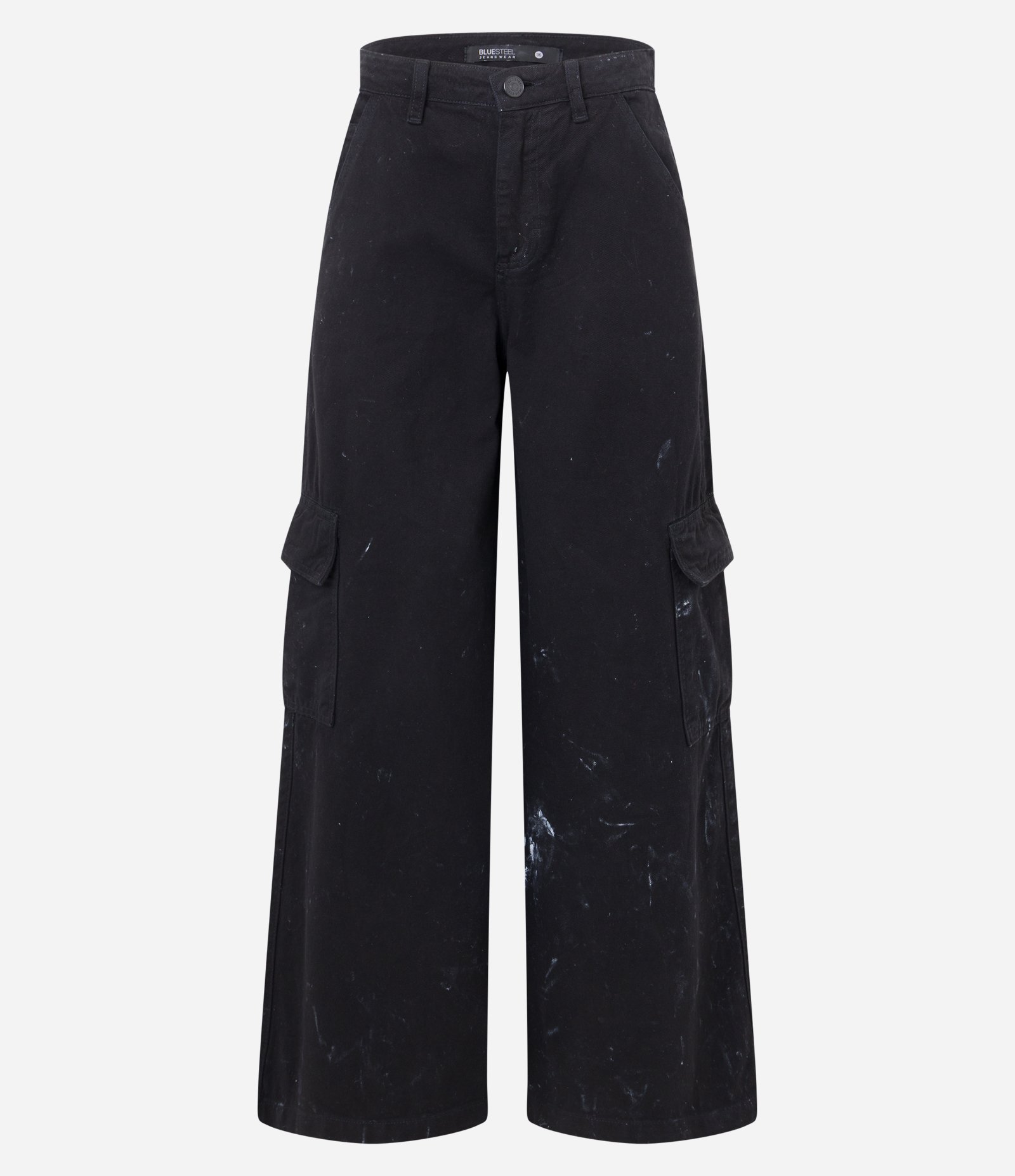 Calça Wide Leg em Sarja com Manchinhas e Bolsos Cargo Preto 9