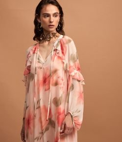 Vestido Longo em Chiffon com Manga Bufante e Estampa Floral