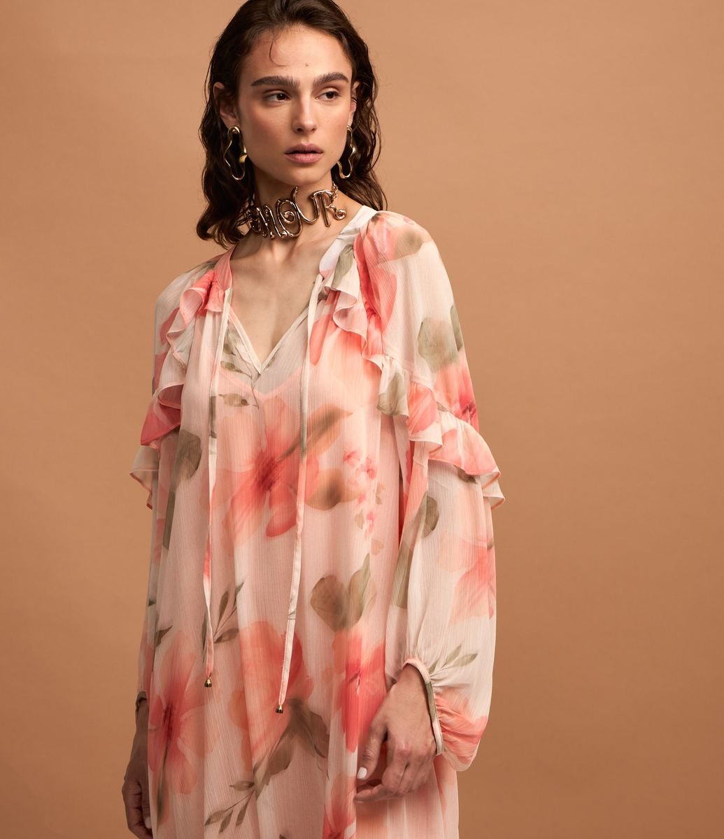 Vestido maxi simple de chiffon con escote en V y tirantes finos Coral main image 1