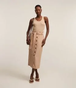 Saia Midi Reta com Abotoamento Frontal e Faixa para Amarração