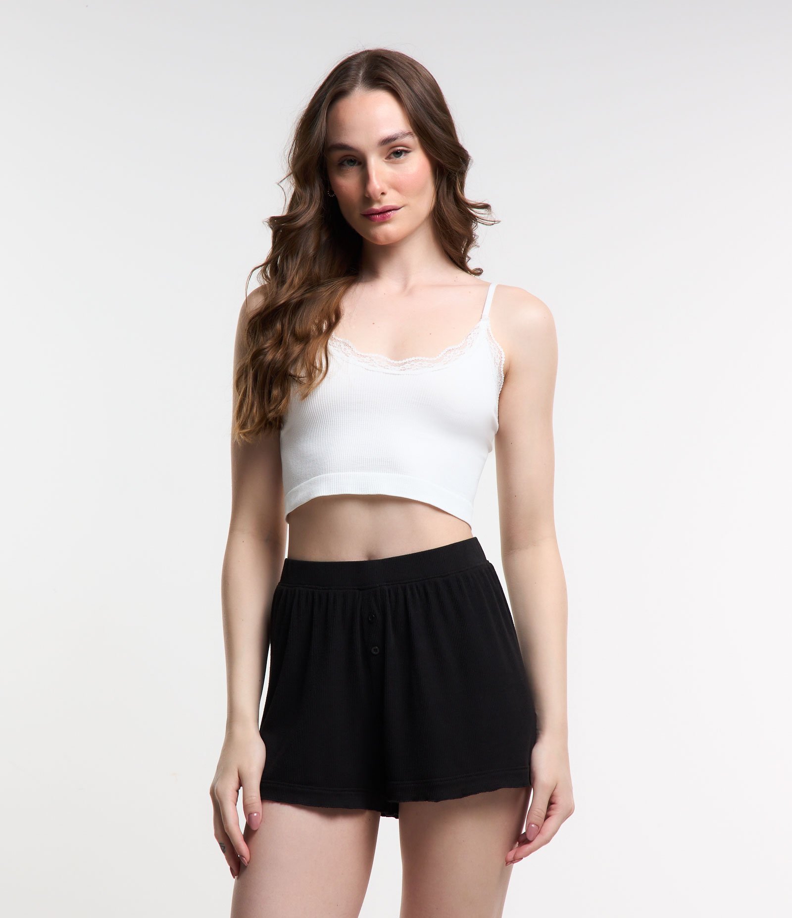 Blusa de Pijama Seamless com Alças Reguláveis e Renda no Decote Branco Neve 1