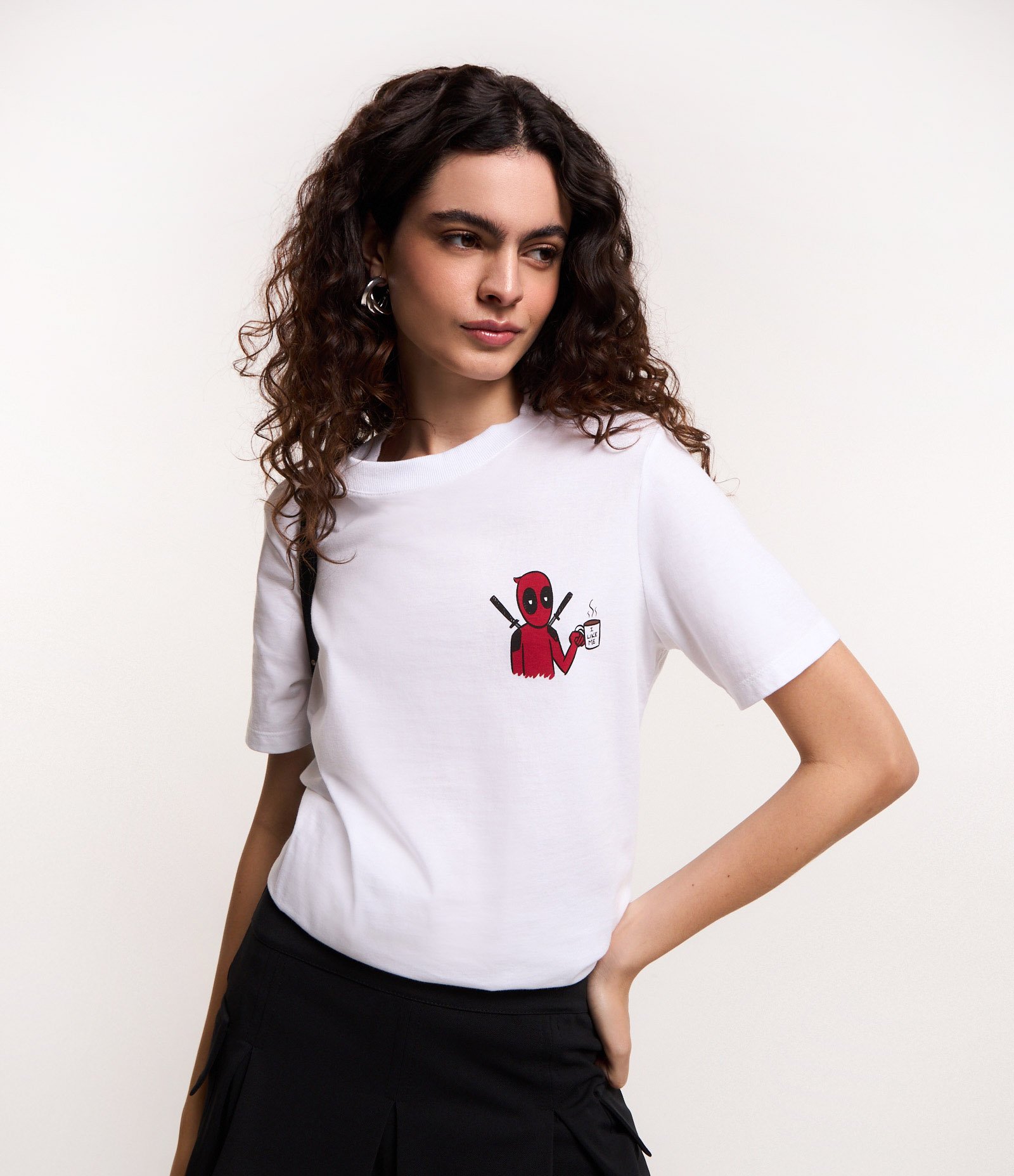 Camiseta Alongada em Algodão e Estampa Deadpool Branco 1