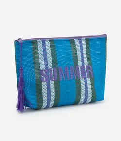 Nécessaire Envelope com Efeito Palha Estampa Listrada e Bordado Lettering