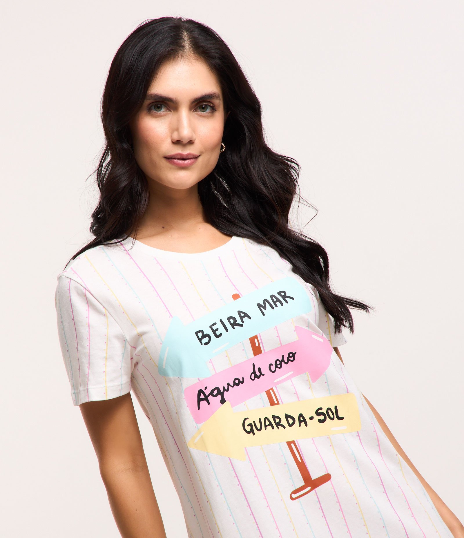 Camisa em Algodão Listrado com Lettring Setas na Praia Branco 3