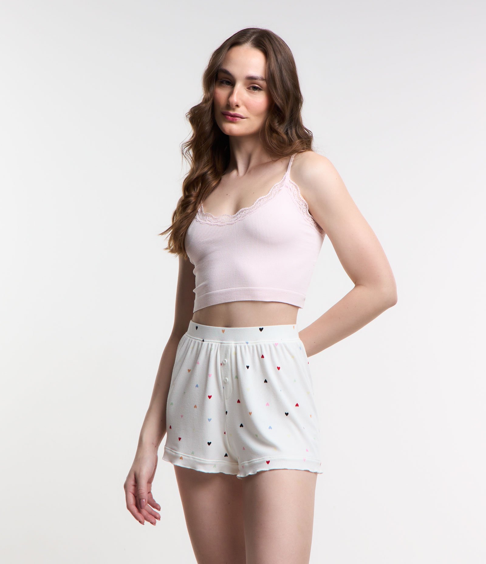 Short de Pijama em Ribana com Estampa Coração Branco Neve 1