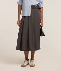 Saia Midi Evasê Alfaiatada com Cinto Afivelado e Pregas
