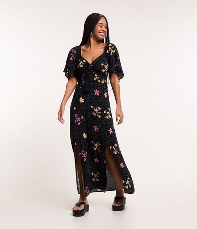 Vestido New Midi em Viscose com Tassel no Busto e Estampa Floral Menor preço em Vestido New Midi em Viscose com Tassel no Busto e Estampa Floral