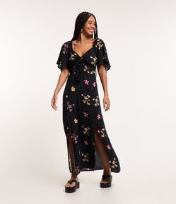 Vestido New Midi em Viscose com Tassel no Busto e Estampa Floral