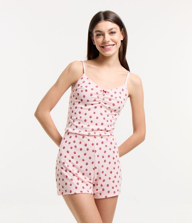 Pijama Macacão Curto em Ribana com Estampa de Morangos