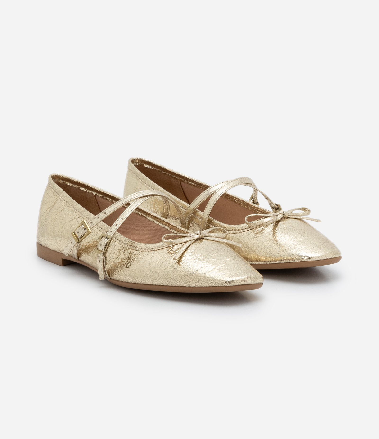 Sapatilha Texturizada com Bico Quadrado e Tiras Finas Dourado 2