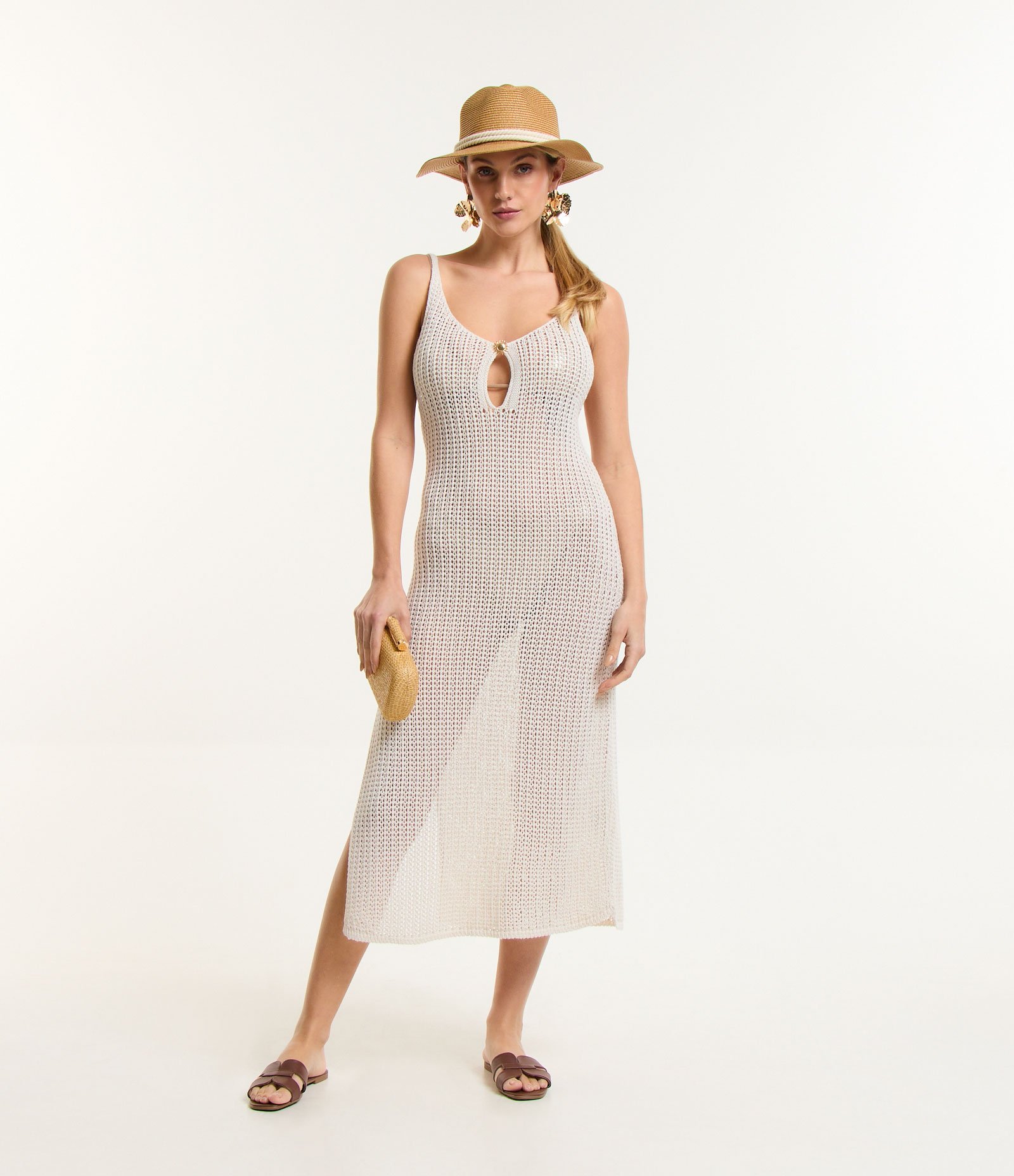Saída de Praia Vestido em Crochê com Sol de Metal no Busto Off White 1