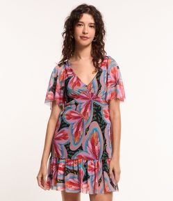 Vestido Curto em Tule com Babado e Estampa Borboletas