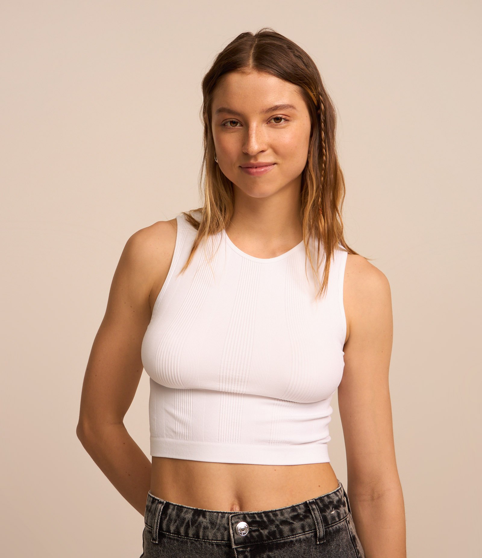 Blusa sem Manga Seamless com Textura e Decote Halter Branco 1