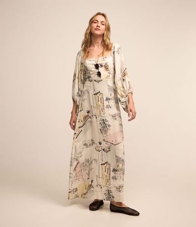 Vestido Midi em Viscolinho com Decote com Fenda e Estampa Paisagem Menor preço em Vestido Midi em Viscolinho com Decote com Fenda e Estampa Paisagem