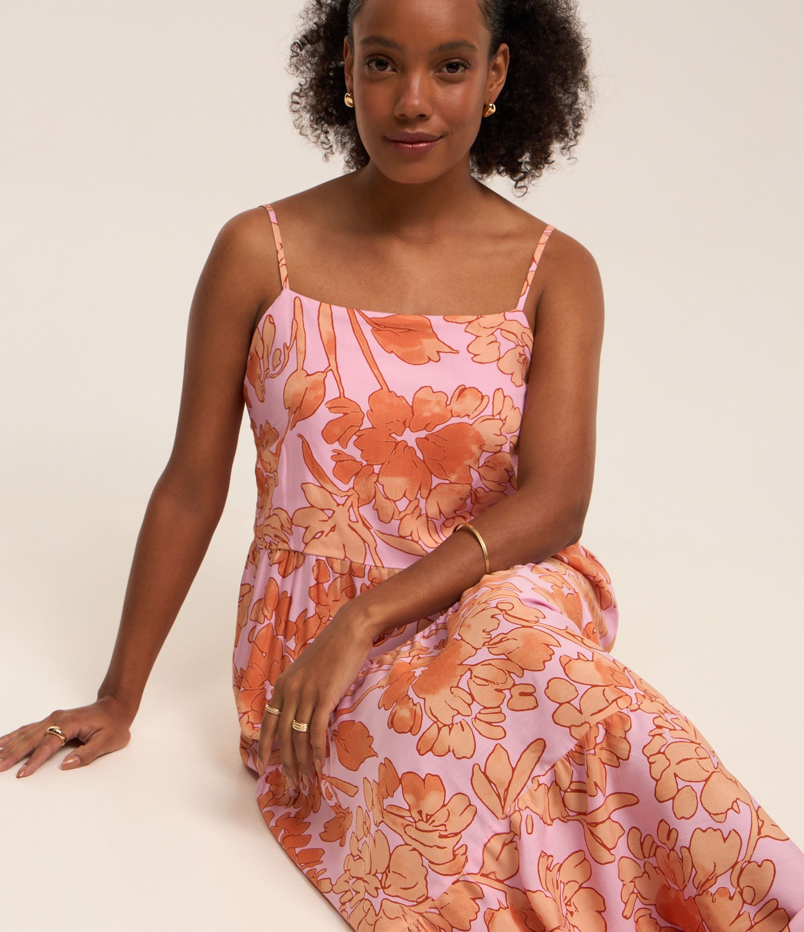 Vestido Midi em Viscose com Alcinha e Estampa Floral Laranja 1