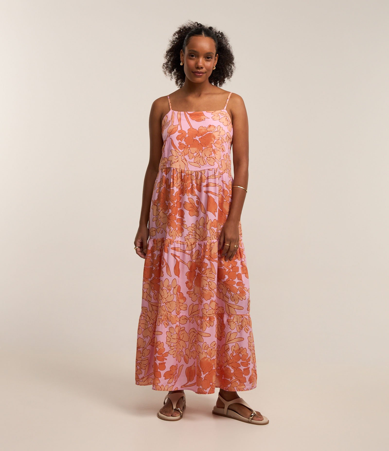 Vestido Midi em Viscose com Alcinha e Estampa Floral Laranja 2