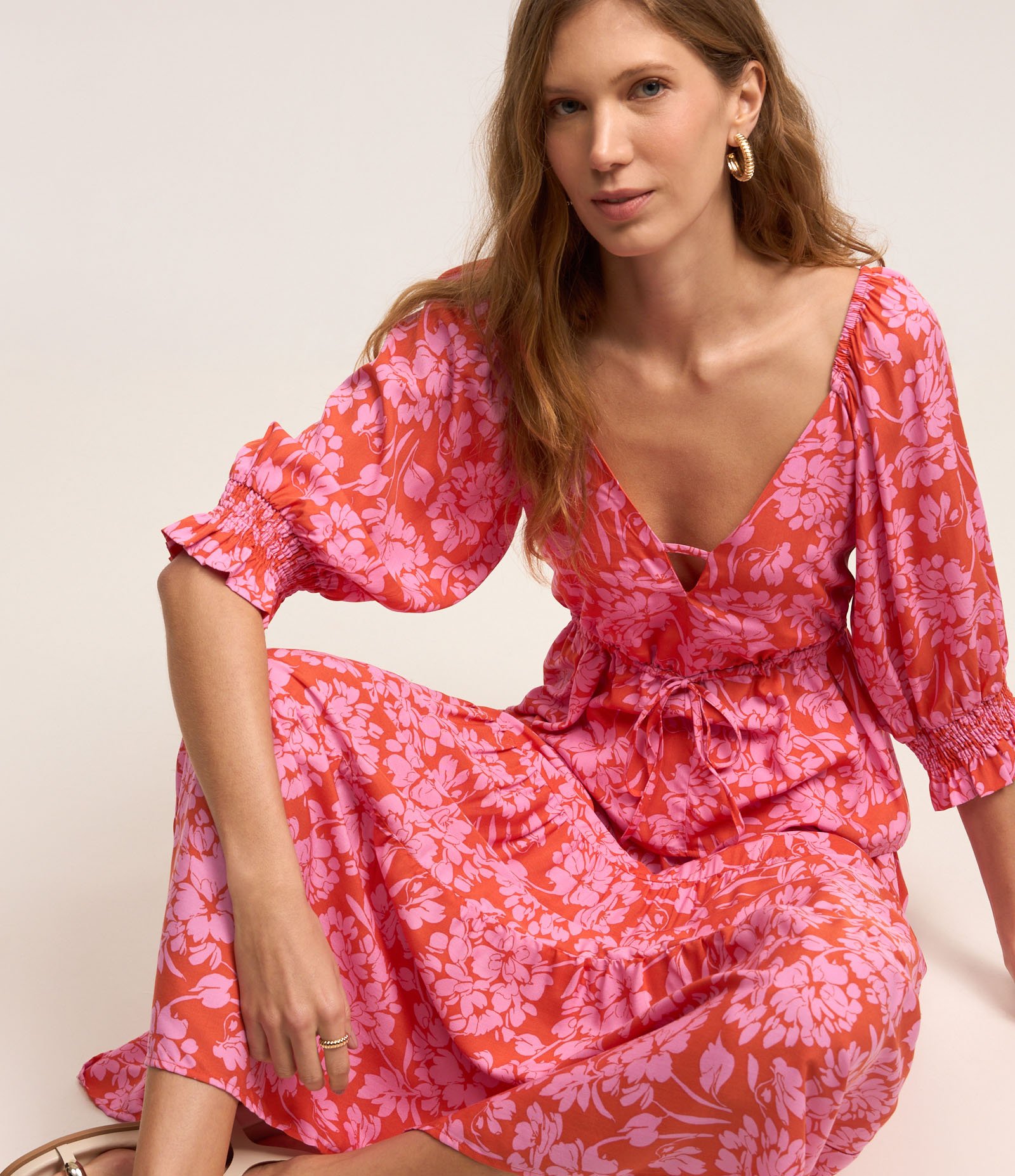 Saia Midi em Viscose com Zíper nas Costas e Estampa Floral Rosa/ Laranja 5