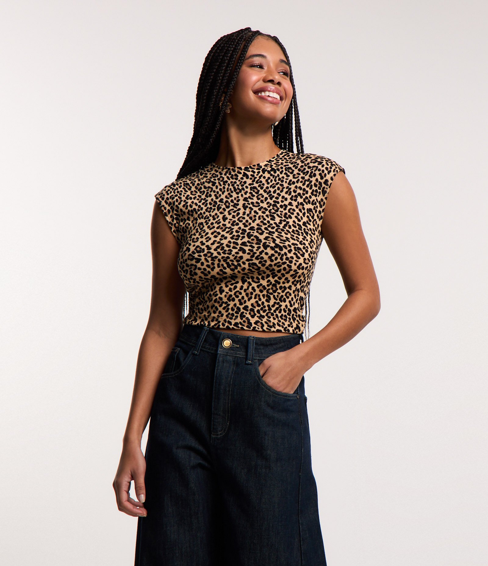 Blusa sem Manga em Ribana com Estampa Animal Print Marrom 1