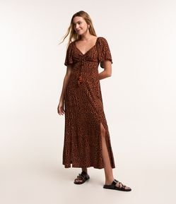 Vestido New Midi em Viscose Puxadinho no Busto e Estampa Animal Print