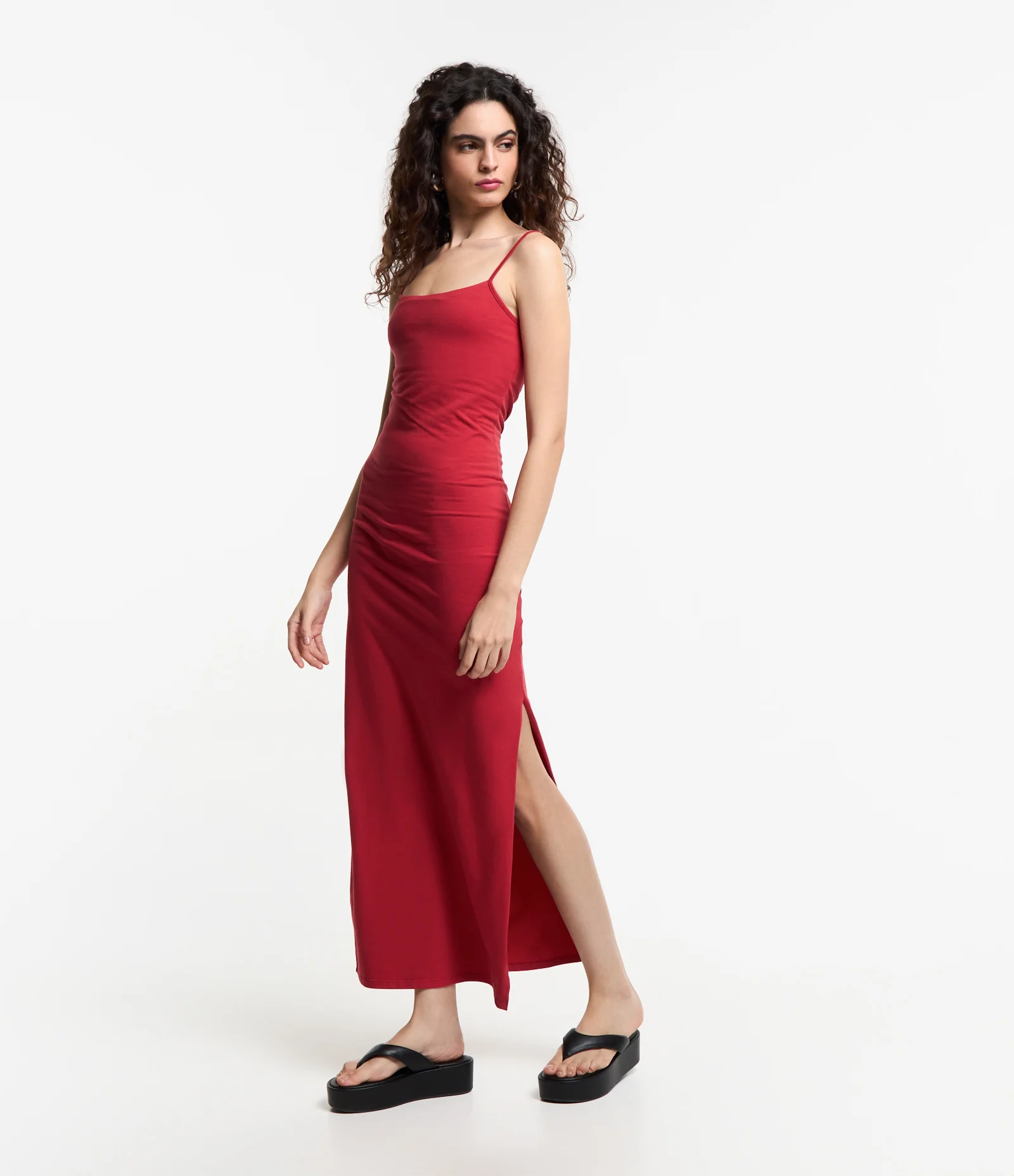 Vestido Longo em Cotton com Fenda na Lateral Vermelho 1