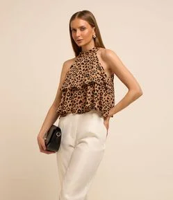 Blusa em Crepe com Sobreposição e Estampa de Onça