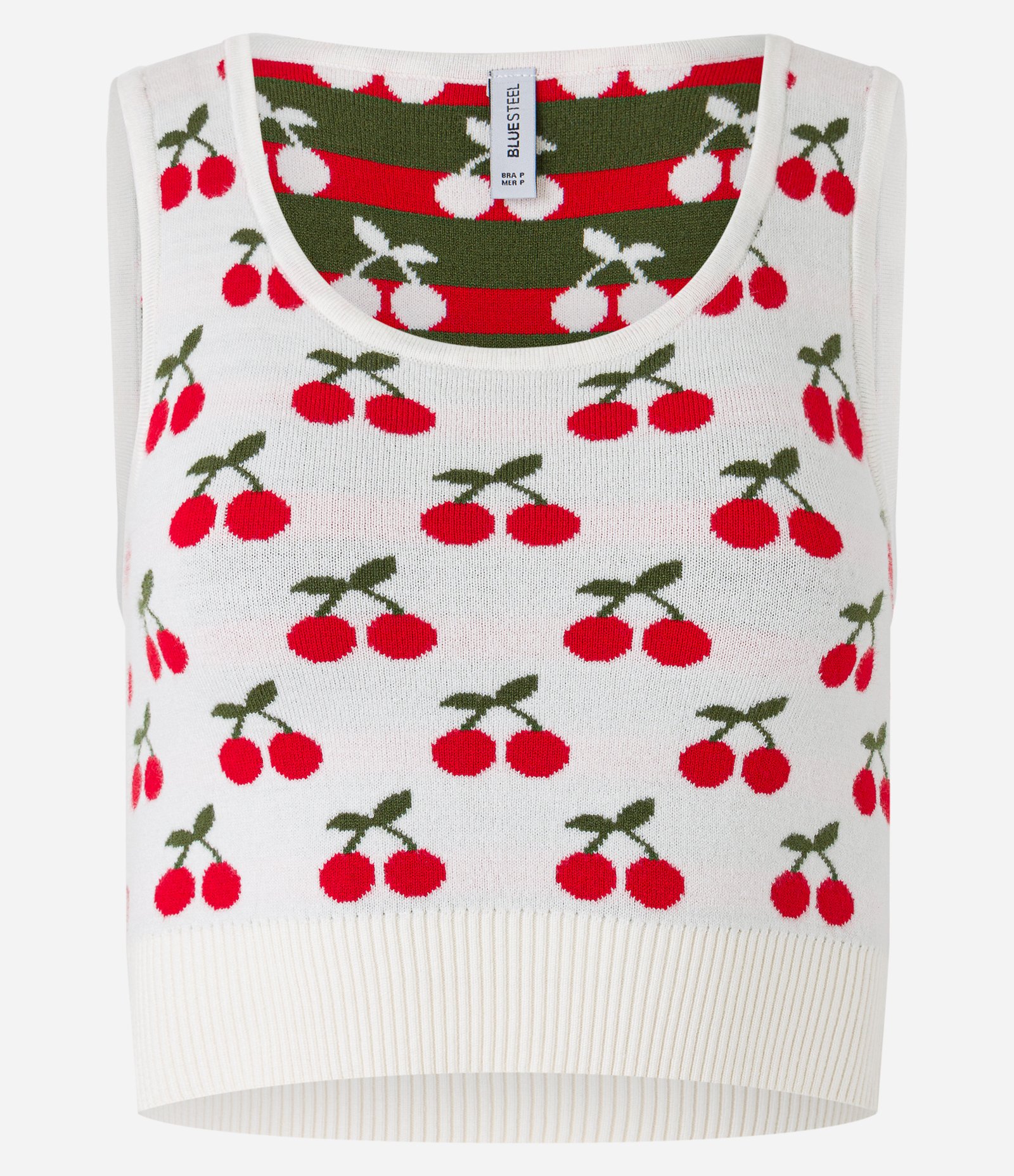 Blusa Cropped Sem Manga em Tricô com Estampa de Cereja Bege Claro 4