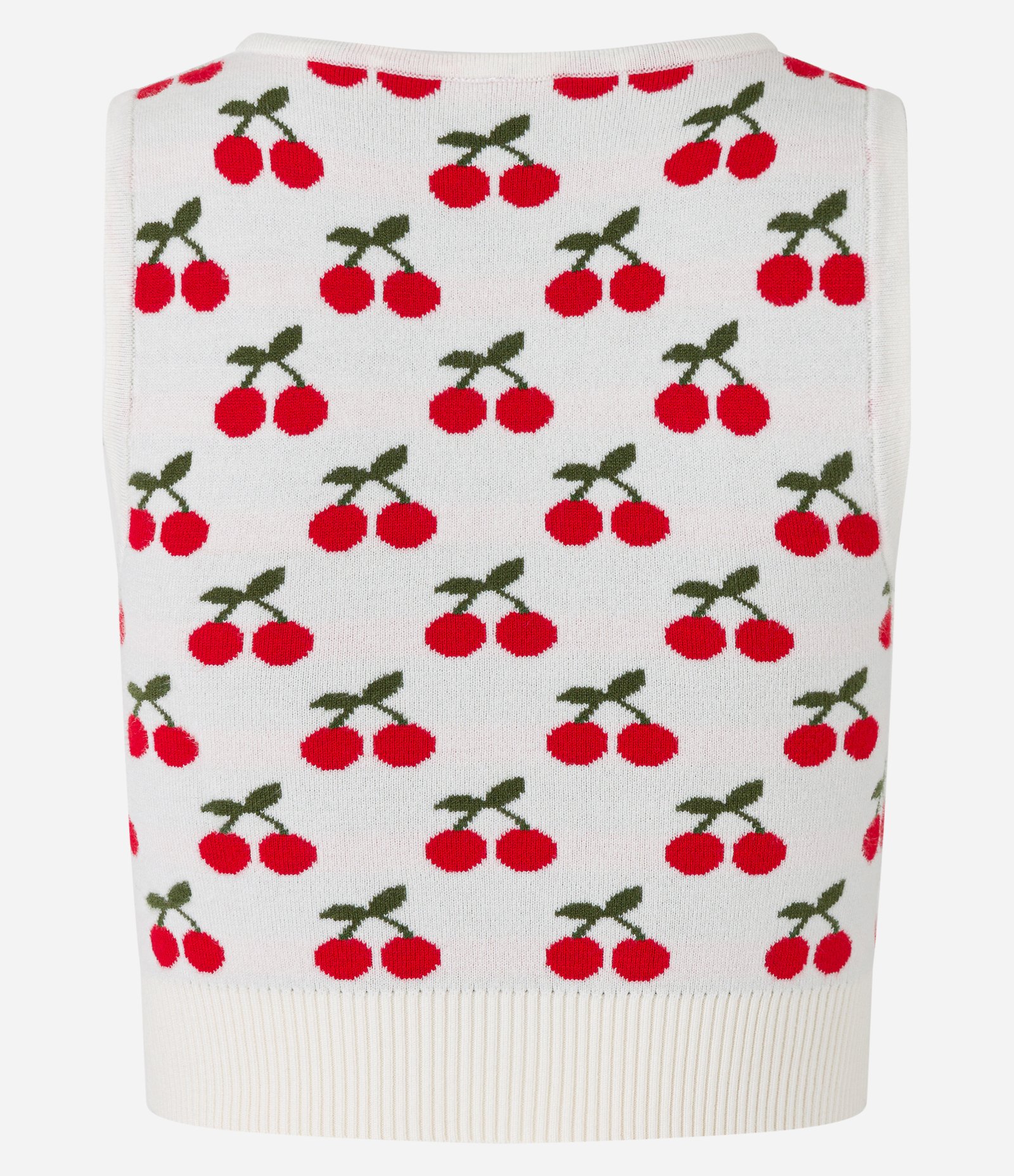 Blusa Cropped Sem Manga em Tricô com Estampa de Cereja Bege Claro 6