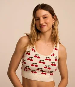 Blusa Cropped Sem Manga em Tricô com Estampa de Cereja