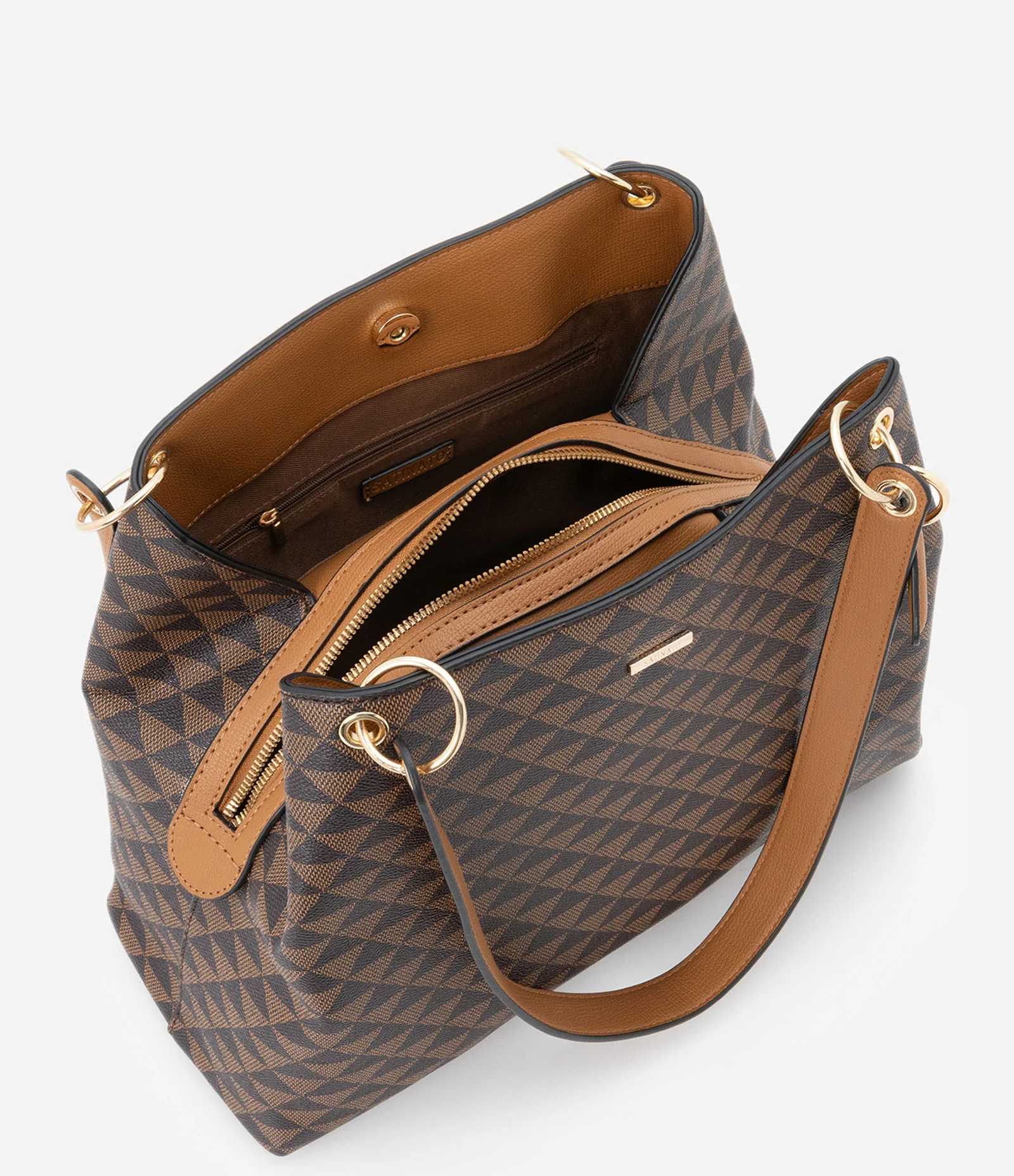 Bolsa Hobo Pequena com Fechamento Duplo e Estampa de Triângulo Marrom 2