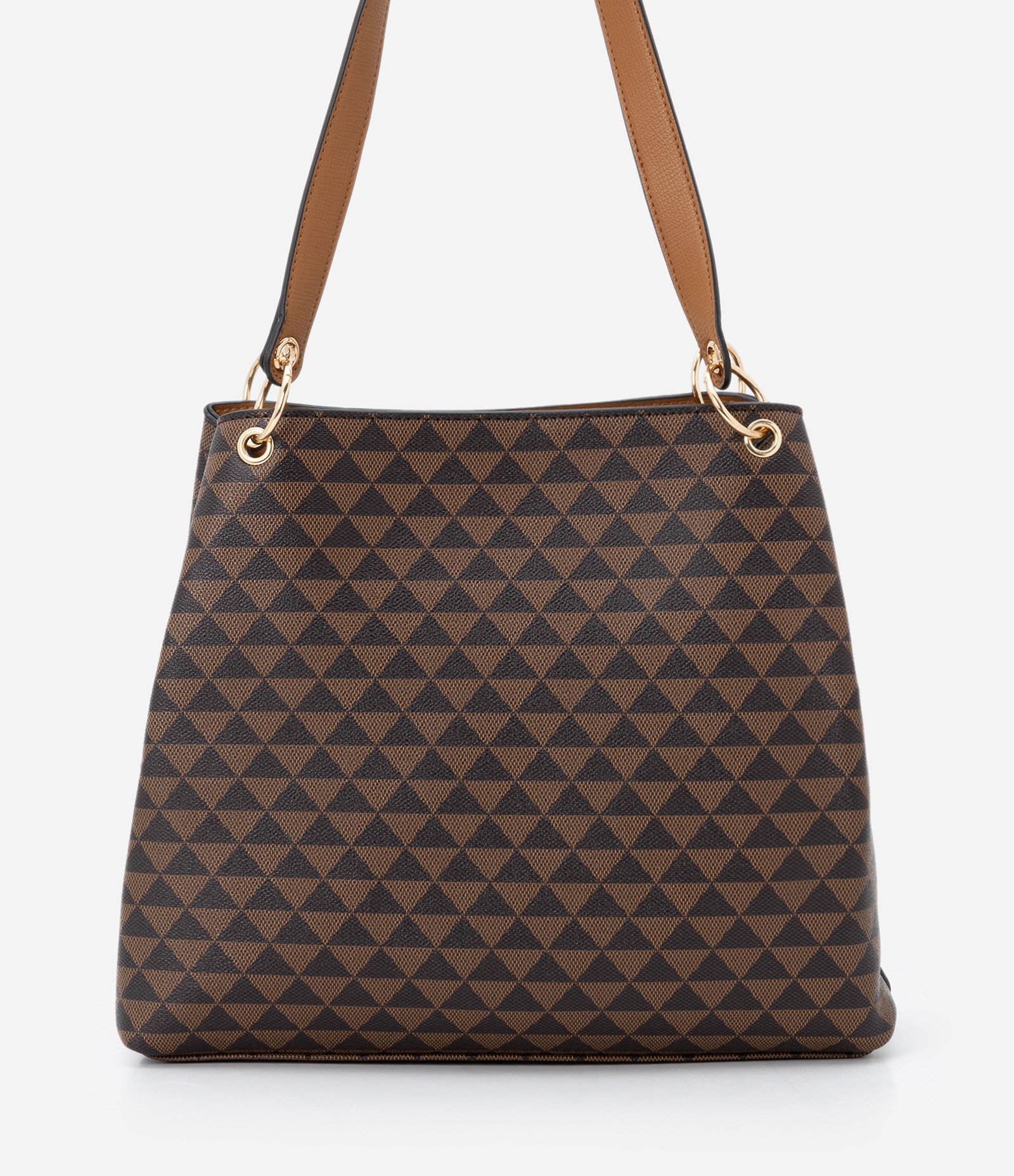 Bolsa Hobo Pequena com Fechamento Duplo e Estampa de Triângulo Marrom 3