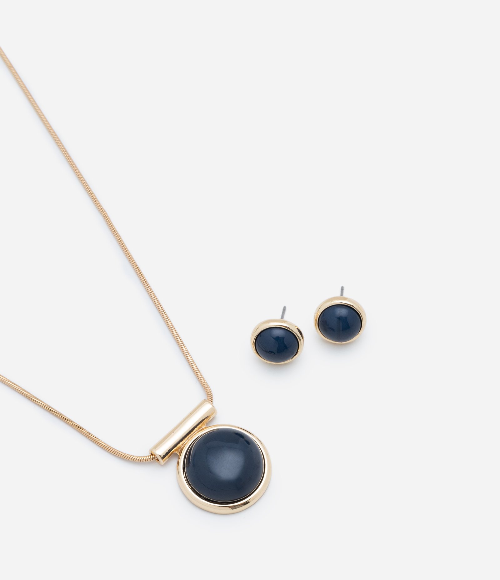 Conjunto Colar e Brinco Botão com Pingente Pedra de Resina Azul 1
