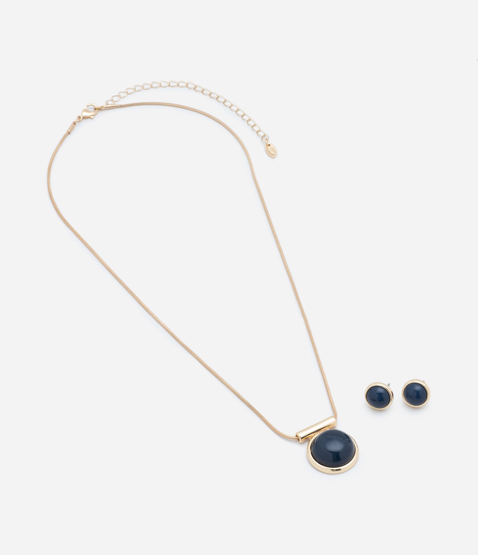 Conjunto Colar e Brinco Botão com Pingente Pedra de Resina Azul 2