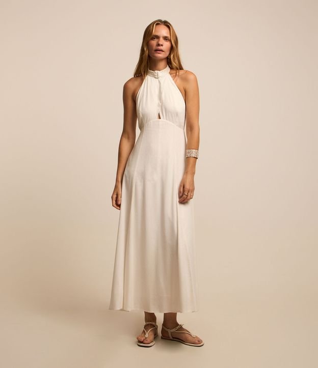 Vestido Midi Evasê em Viscose com Foil Gola Diferenciada e Cava Americana