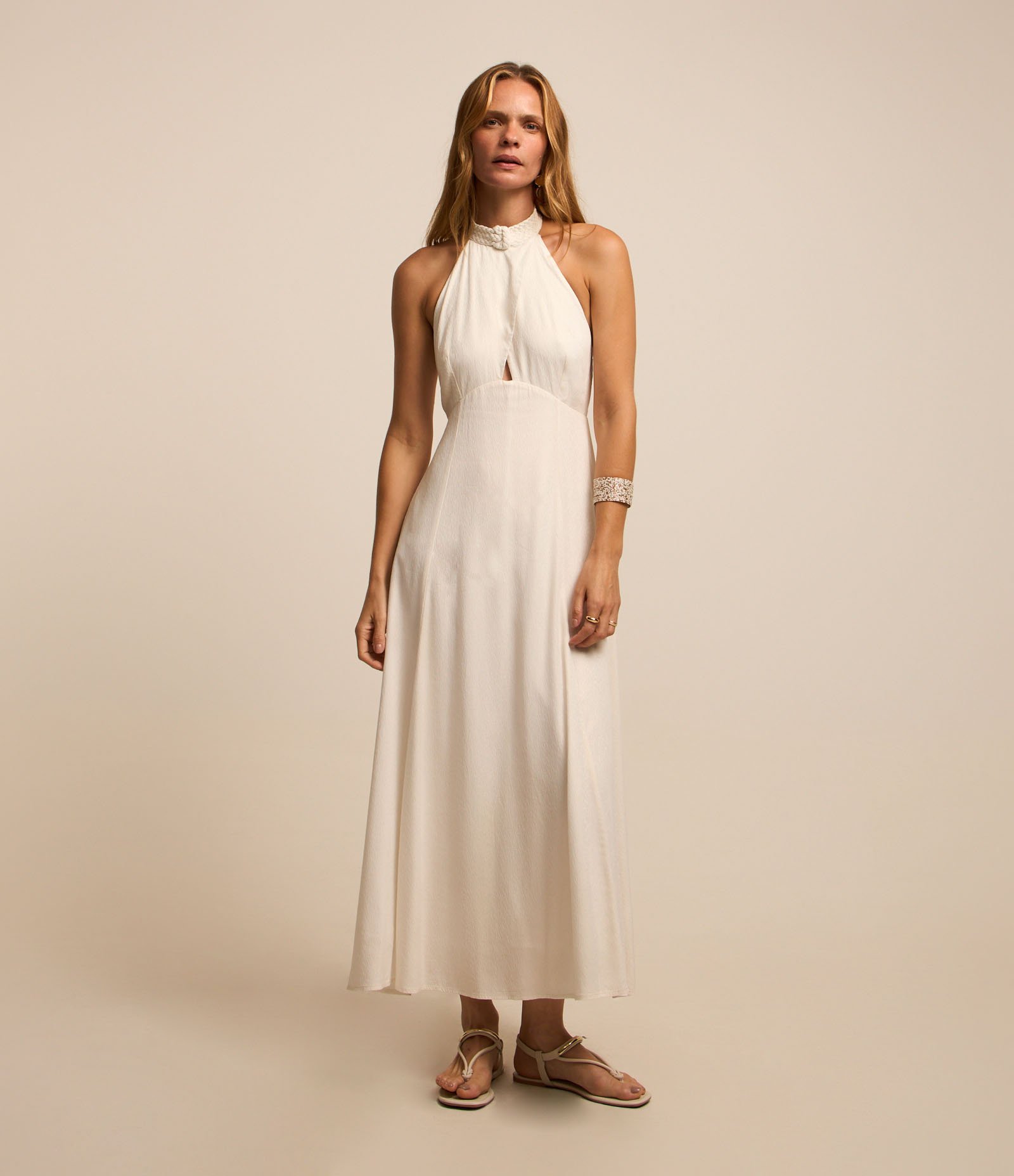 Vestido Midi Evasê em Viscose Gola Diferenciada e Cava Americana Branco 2