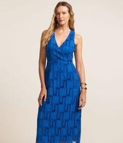 Vestido Evasê Midi Sem Manga em Laise com Entremeios