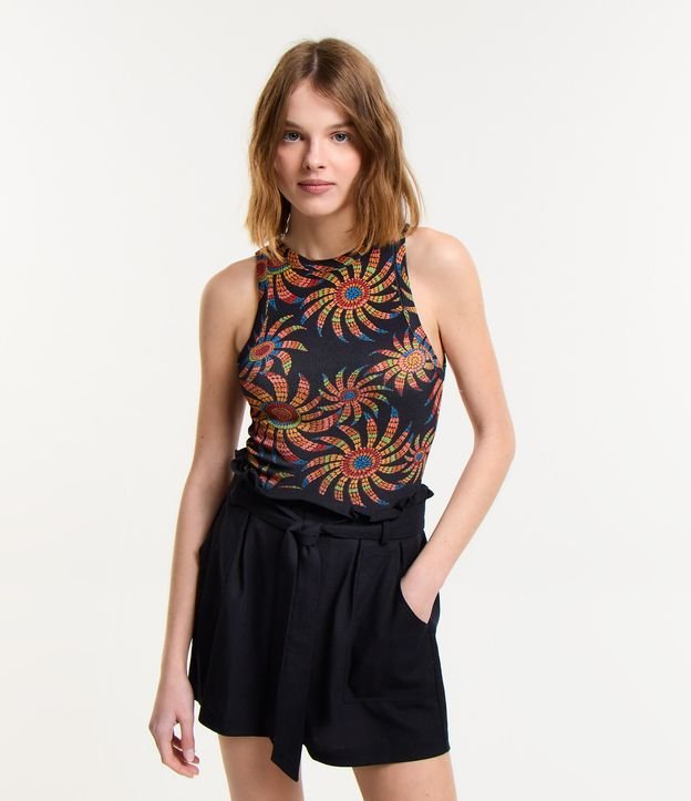 Blusa sem Manga em Ribana com Estampa Tropical
