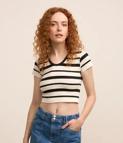 Blusa Cropped em Poliamida Seamless com Listras e Decote V