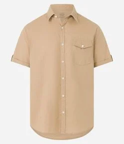 Camisa Comfort em Linho com Bolso e Dobra na Manga