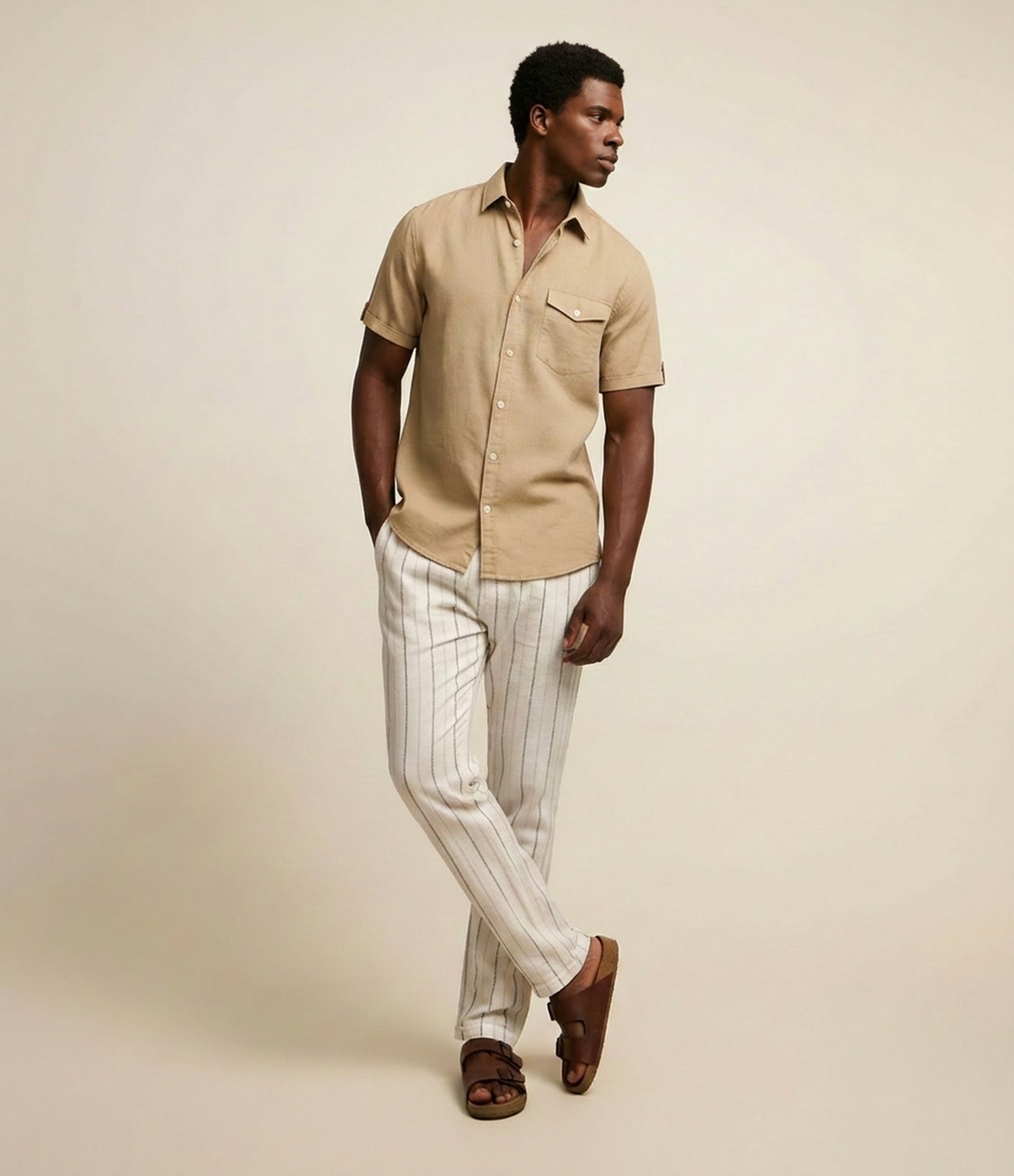Camisa Comfort em Linho com Bolso e Dobra na Manga Bege 1