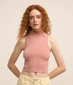 Blusa Cropped sem Manga em Poliamida Seamless e Golinha Alta