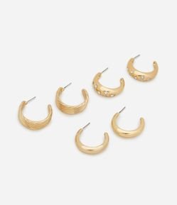 Kit 03 Argolas em Metal Bold com Texturas e Strass