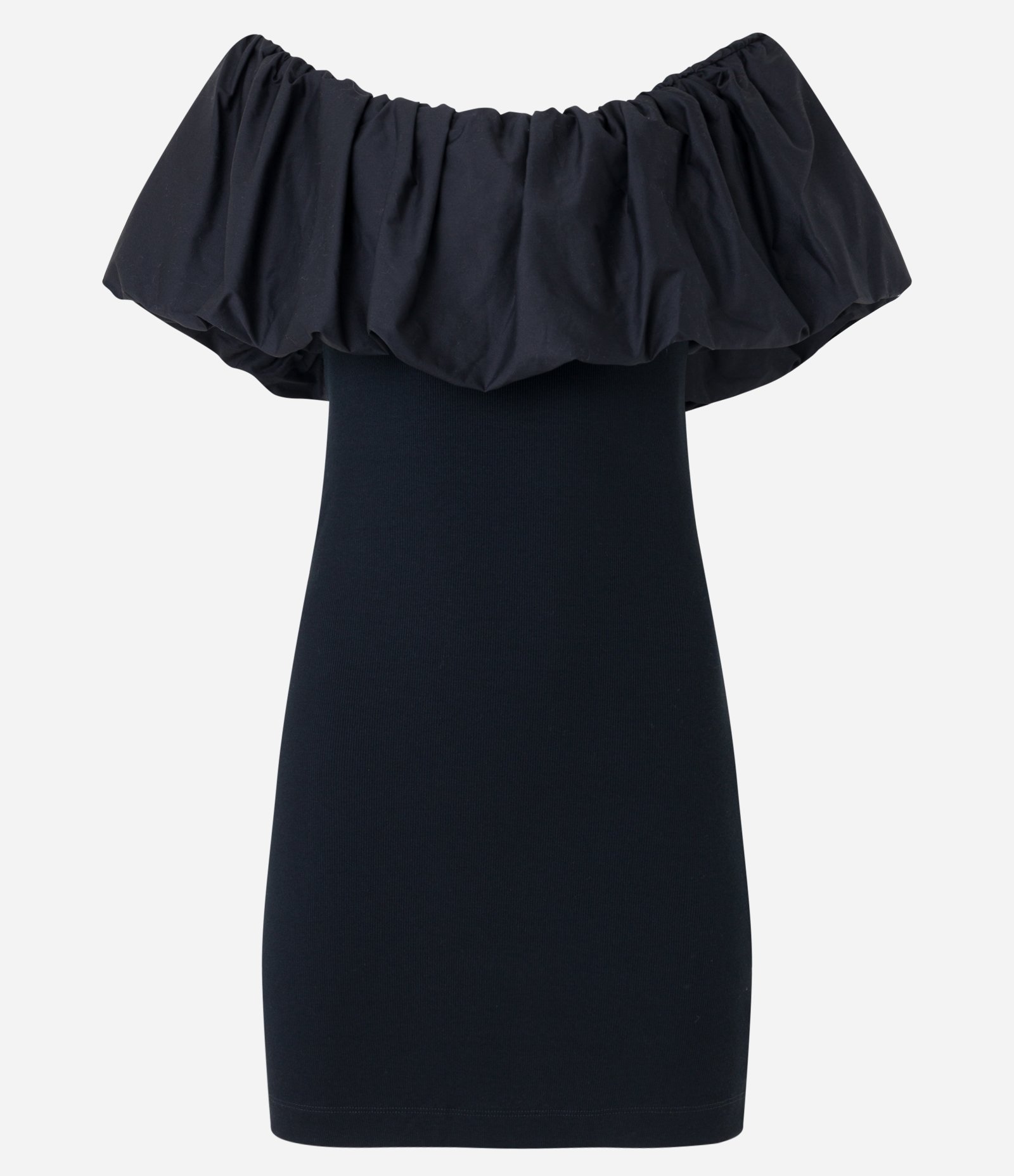 Vestido Curto em Ribana com Ombro a Ombro Bufante Preto 5