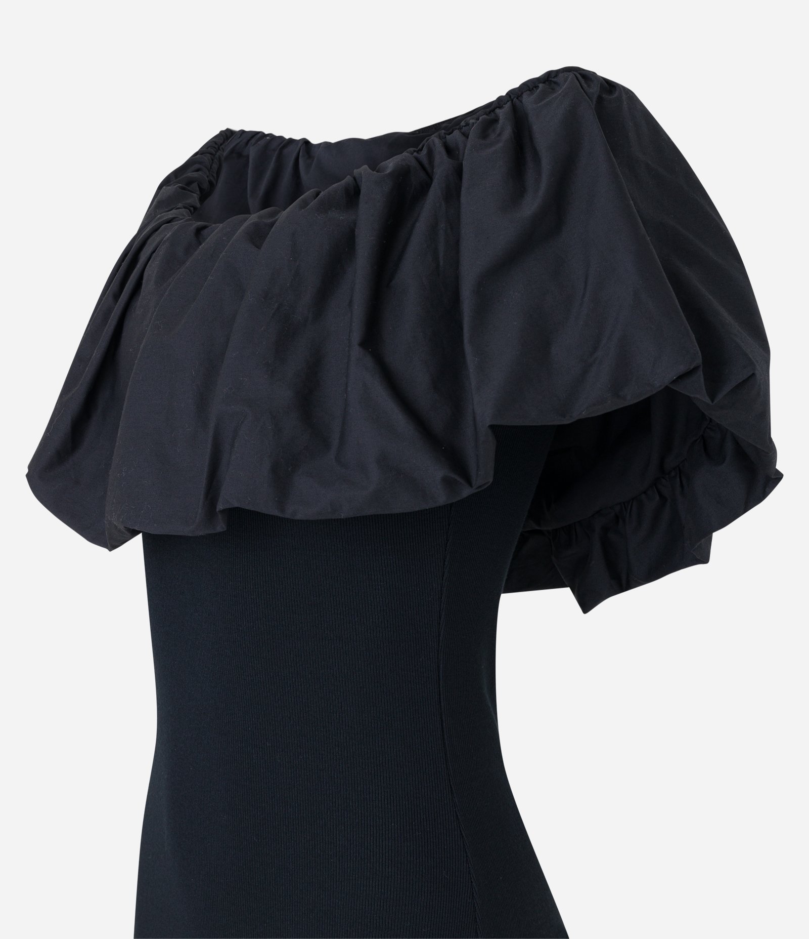 Vestido Curto em Ribana com Ombro a Ombro Bufante Preto 6